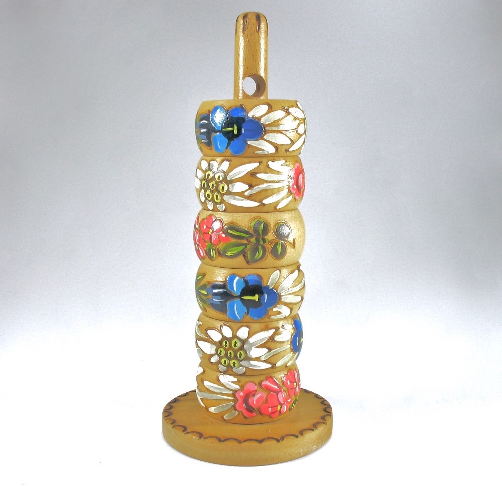 Wood Floral Napkin Rings, Set Six Stacking, Stand